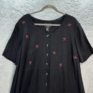 Vintage Positive Attitude Women's 2X Linen Blend Midi Black Dress Red Embroidery